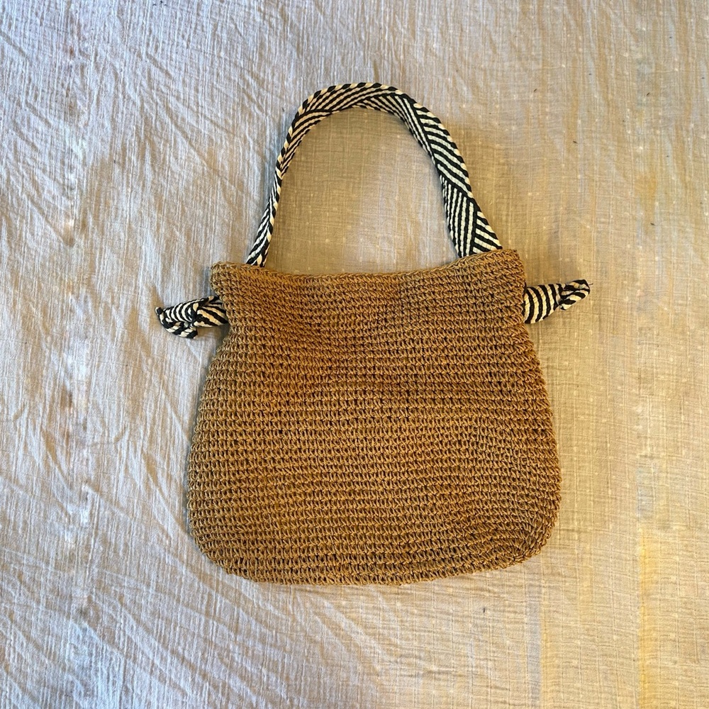 Summery Tan Woven Bag with Black and White Strap